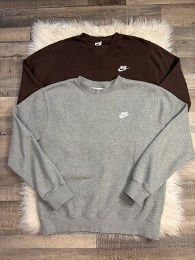 Nike -2- crew neck sweatshirts fleece lined chocolate brown heather gray M